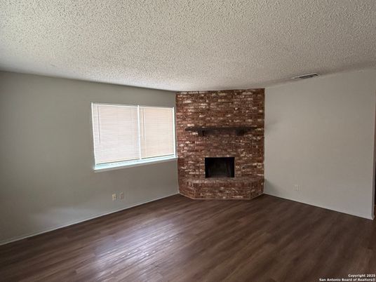 Empty room, Fireplace, Interior, Stone Walls, Wood Texture Flooring