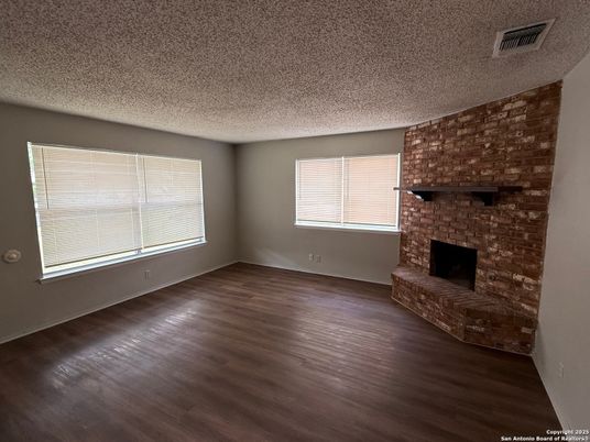Empty room, Fireplace, Interior, Stone Walls, Wood Texture Flooring