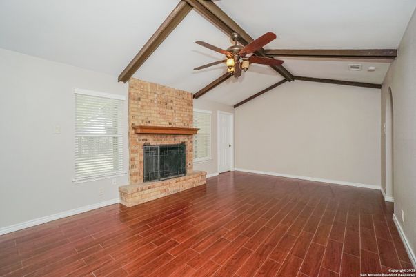 Empty room, Fireplace, Interior, Wooden Beams, Wood Texture Flooring