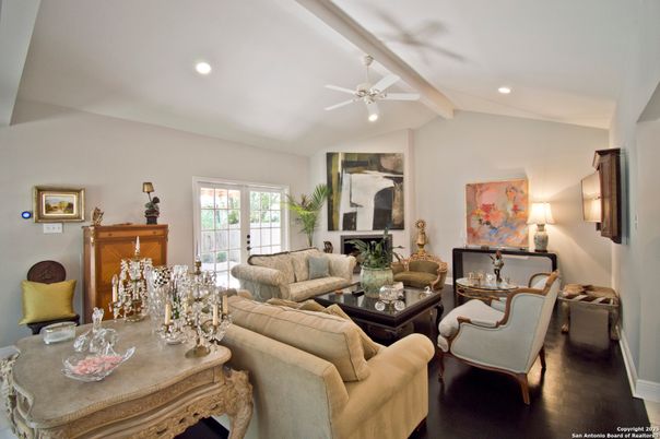Dining room, Fireplace, Interior, Living room, Recessed Lighting, Wood Texture Flooring