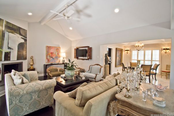 Chandelier, Dining room, Fireplace, Interior, Living room, Recessed Lighting