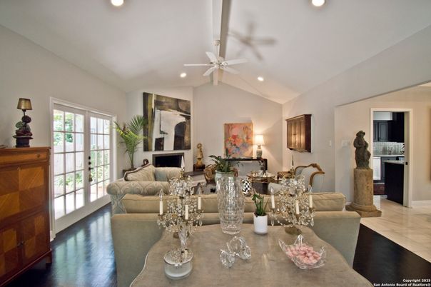 Dining room, Fireplace, Interior, Living room, Recessed Lighting, Wood Texture Flooring