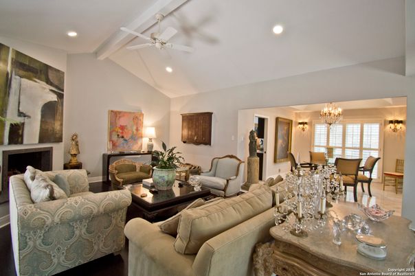 Chandelier, Dining room, Fireplace, Interior, Living room, Recessed Lighting