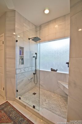Bathroom, Glass Shower, Interior, Marble Walls, Recessed Lighting