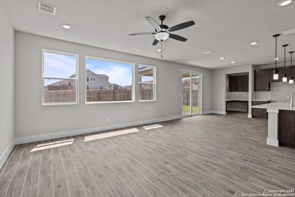 Empty room, Interior, Kitchen, Pendant Lights, Recessed Lighting, Wood Texture Flooring