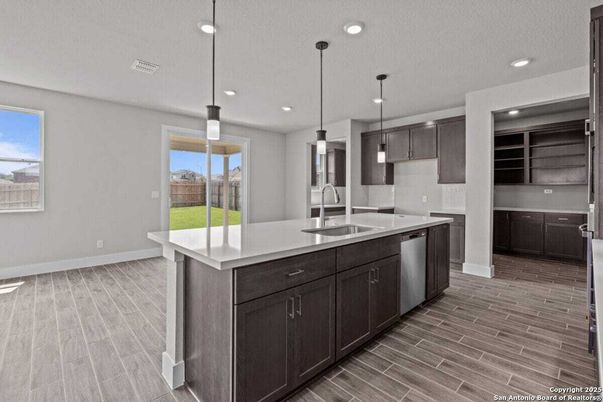 Interior, Kitchen, Pendant Lights, Recessed Lighting, Wood Texture Flooring