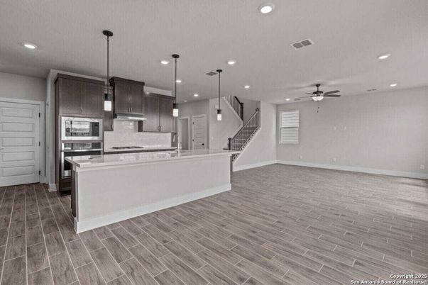 Empty room, Interior, Kitchen, Pendant Lights, Recessed Lighting, Wood Texture Flooring