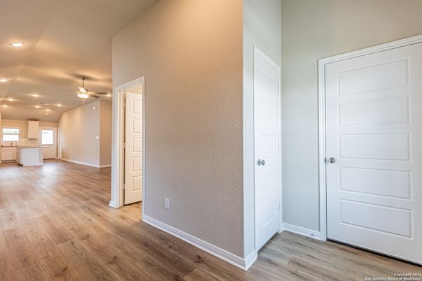 Empty room, Interior, Kitchen, Recessed Lighting, Wood Texture Flooring