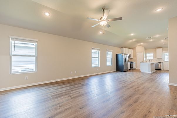 Empty room, Interior, Kitchen, Recessed Lighting, Wood Texture Flooring