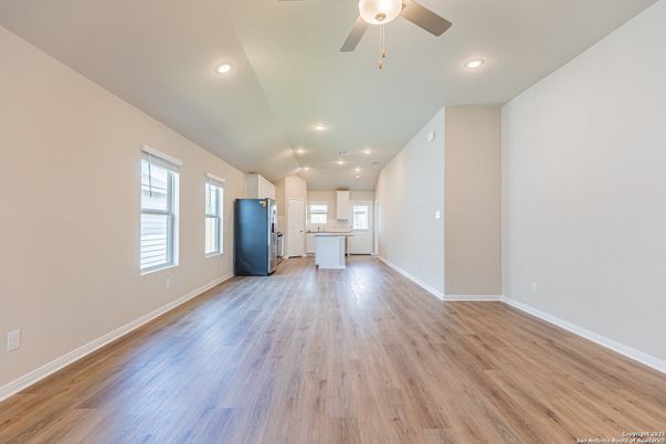 Empty room, Interior, Kitchen, Recessed Lighting, Wood Texture Flooring