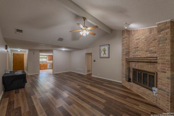 Empty room, Fireplace, Interior, Stone Walls, Wood Texture Flooring