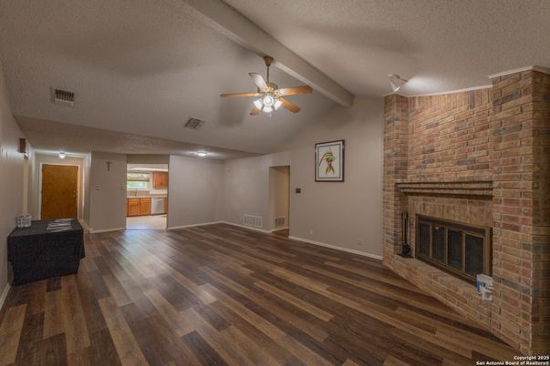 Empty room, Fireplace, Interior, Stone Walls, Wood Texture Flooring