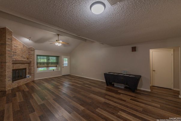 Empty room, Fireplace, Interior, Stone Walls, Wood Texture Flooring