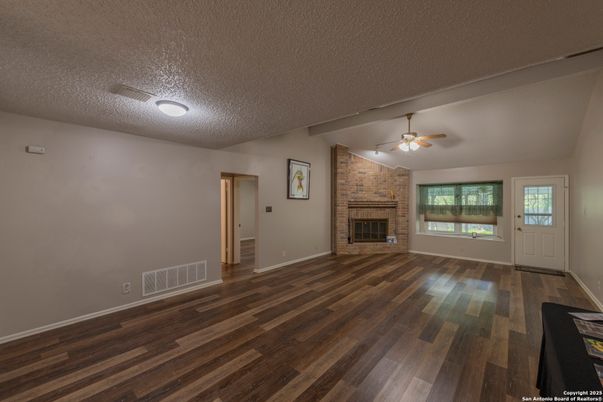 Empty room, Fireplace, Interior, Stone Walls, Wood Texture Flooring