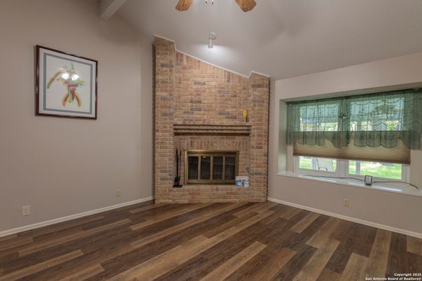 Empty room, Fireplace, Interior, Stone Walls, Wood Texture Flooring