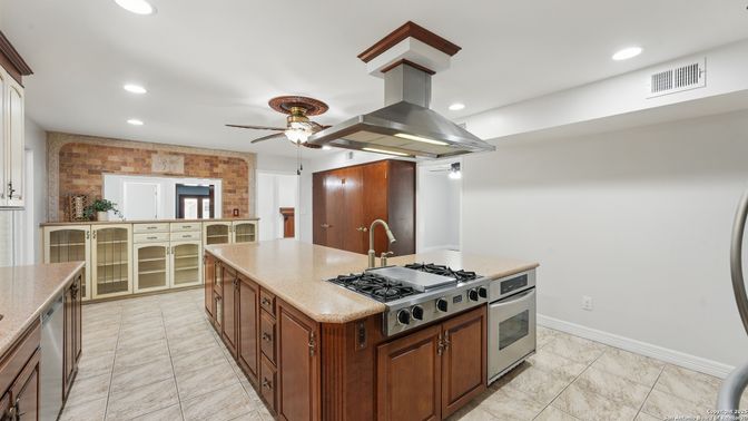 Interior, Kitchen, Recessed Lighting, Stainless Steel Appliances, Stone Walls