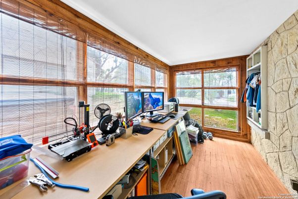 Home Office, Interior, Stone Walls, Wood Texture Flooring