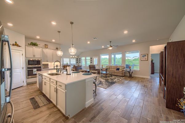 Interior, Kitchen, Living room, Pendant Lights, Recessed Lighting, Stainless Steel Appliances, Wood Texture Flooring