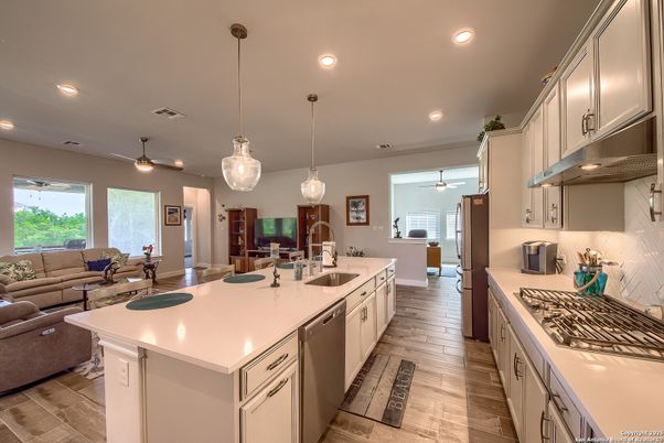 Interior, Kitchen, Living room, Pendant Lights, Recessed Lighting, Stainless Steel Appliances, Wood Texture Flooring