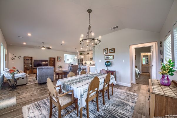 Chandelier, Dining room, Interior, Kitchen, Living room, Recessed Lighting, Wood Texture Flooring