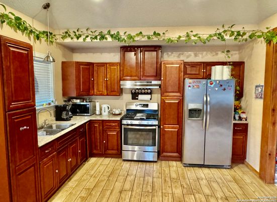 Interior, Kitchen, Pendant Lights, Stainless Steel Appliances, Wood Texture Flooring