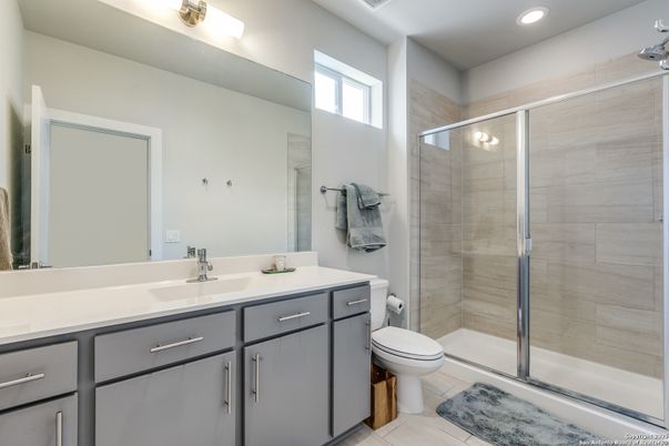Bathroom, Glass Shower, Interior, Recessed Lighting, Wood Texture Flooring