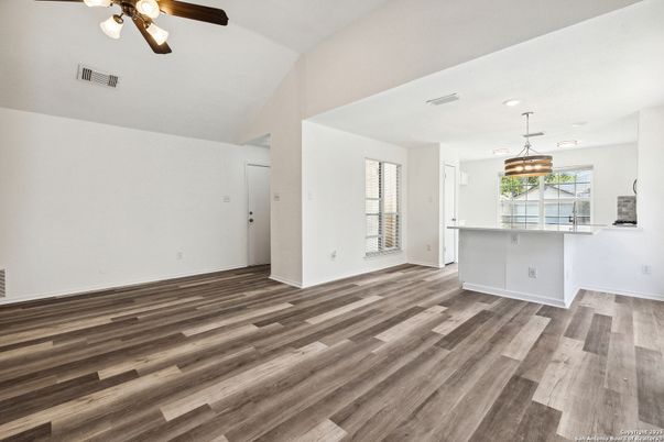 Empty room, Interior, Pendant Lights, Wood Texture Flooring
