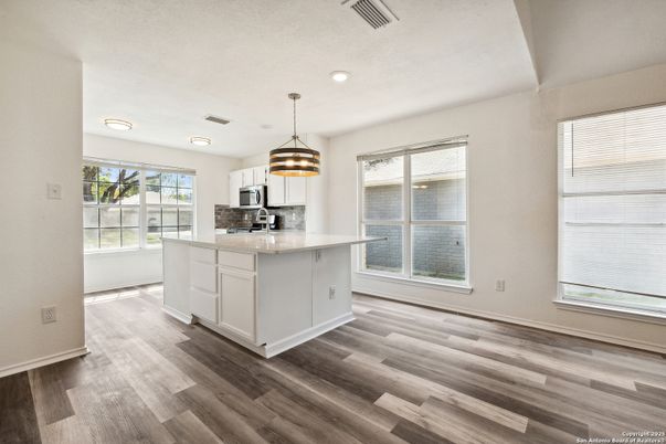 Interior, Kitchen, Pendant Lights, Recessed Lighting, Wood Texture Flooring
