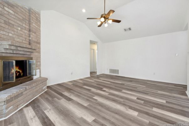 Empty room, Fireplace, Interior, Recessed Lighting, Wood Texture Flooring