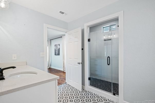 Bathroom, Glass Shower, Interior, Wood Texture Flooring