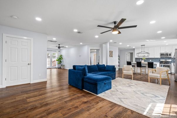 Dining room, Interior, Kitchen, Living room, Pendant Lights, Recessed Lighting, Stainless Steel Appliances, Wood Texture Flooring