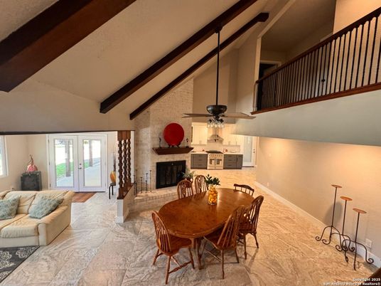 Dining room, Fireplace, Interior, Living room, Stone Walls, Wooden Beams, Wood Texture Flooring