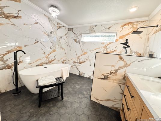 Bathroom, Free Standing Baths, Interior, Marble Walls, Recessed Lighting