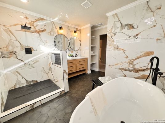 Bathroom, Dual Sink Vanities, Free Standing Baths, Interior, Marble Walls, Recessed Lighting