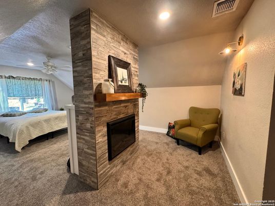 Bedroom, Fireplace, Interior, Recessed Lighting, Stone Walls