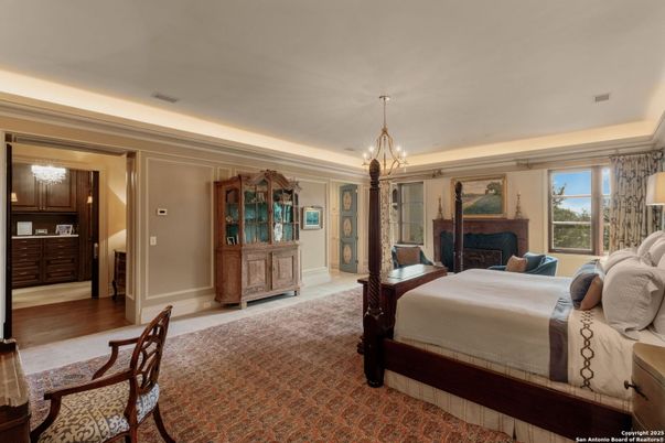 Bedroom, Chandelier, Interior, Recessed Lighting, Wood Texture Flooring