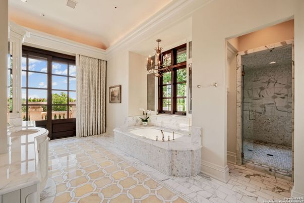 Bathroom, Chandelier, Glass Shower, Interior, Marble, Recessed Lighting