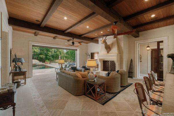Fireplace, Interior, Living room, Recessed Lighting, Wooden Beams, Wooden Ceilings