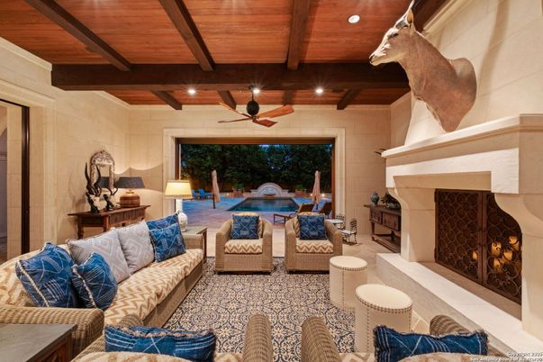 Fireplace, Interior, Living room, Recessed Lighting, Stone Walls, Wooden Beams, Wooden Ceilings
