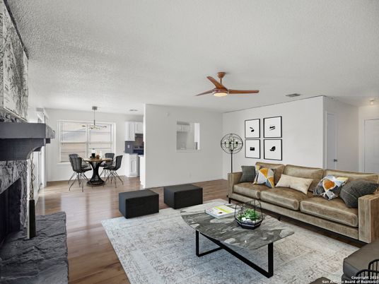 Dining room, Fireplace, Interior, Kitchen, Living room, Pendant Lights, Wood Texture Flooring
