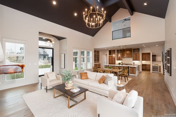 Chandelier, Dining room, Interior, Kitchen, Living room, Pendant Lights, Recessed Lighting, Wood Texture Flooring