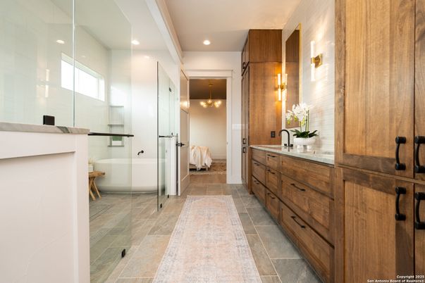 Bathroom, Dual Sink Vanities, Glass Shower, Interior, Pendant Lights, Recessed Lighting