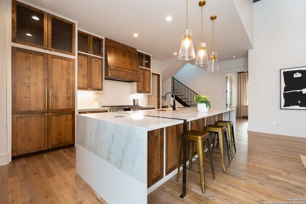 Interior, Kitchen, Pendant Lights, Recessed Lighting, Wood Texture Flooring