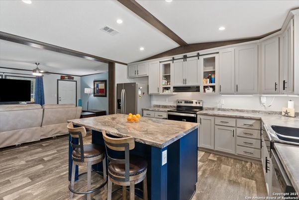 Interior, Kitchen, Living room, Recessed Lighting, Stainless Steel Appliances, Wood Texture Flooring
