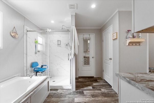 Bathroom, Glass Shower, Interior, Marble Walls, Recessed Lighting, Wood Texture Flooring