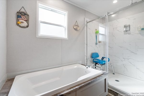 Bathroom, Glass Shower, Interior, Marble Walls, Recessed Lighting