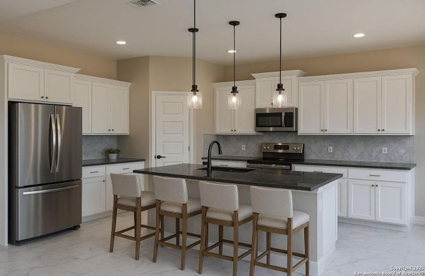 Interior, Kitchen, Marble, Pendant Lights, Recessed Lighting, Stainless Steel Appliances