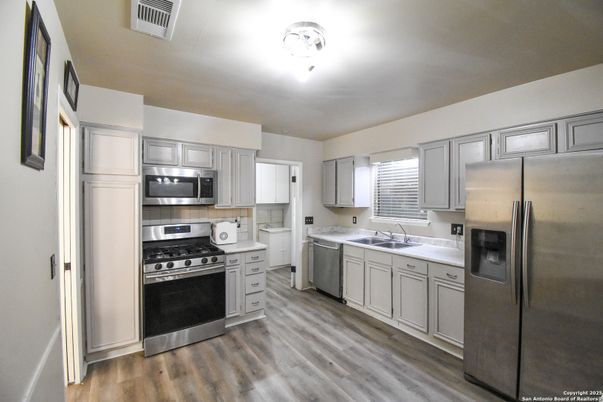 Interior, Kitchen, Stainless Steel Appliances, Wood Texture Flooring