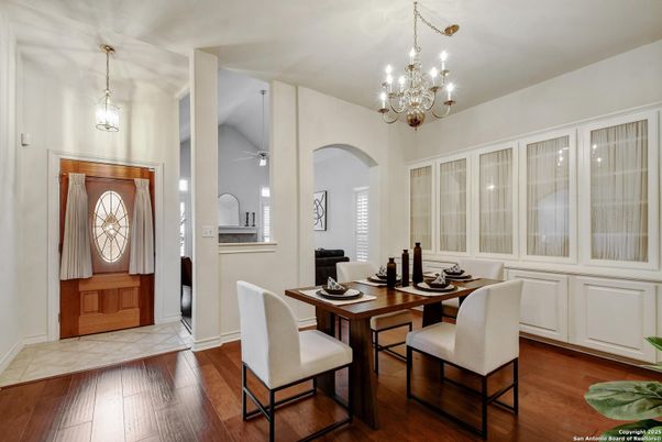 Chandelier, Dining room, Interior, Pendant Lights, Wood Texture Flooring