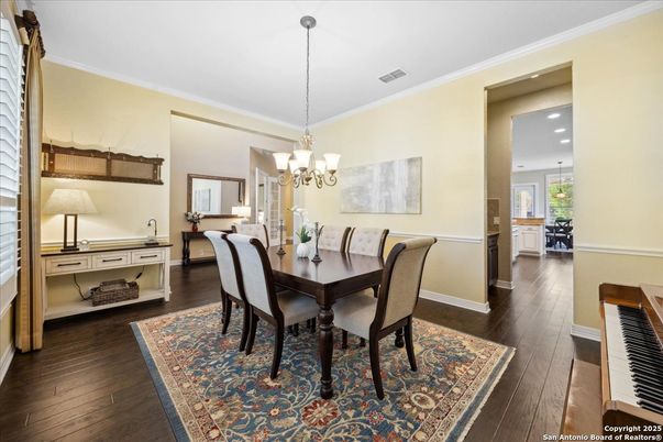 Chandelier, Dining room, Interior, Recessed Lighting, Wood Texture Flooring